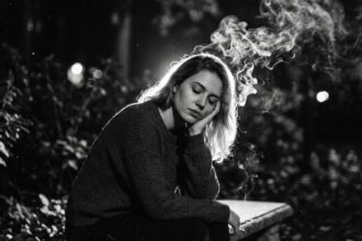 Emotional woman sitting alone at night looking at her phone while celebrity figures appear beside her, symbolizing public breakup drama and social media callouts.