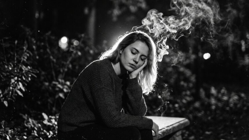Emotional woman sitting alone at night looking at her phone while celebrity figures appear beside her, symbolizing public breakup drama and social media callouts.