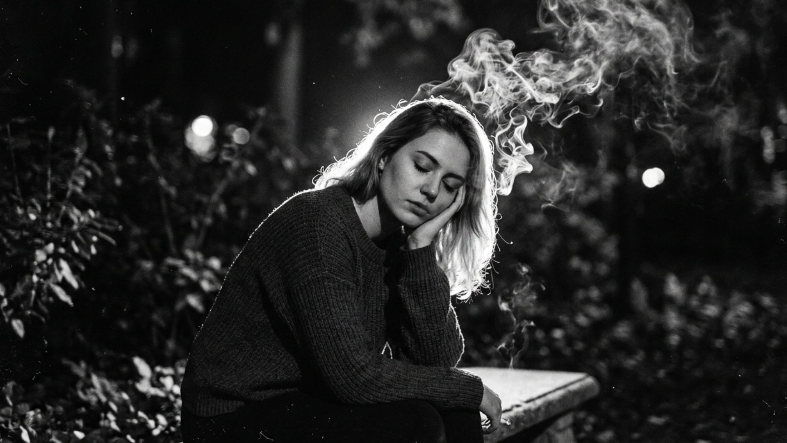 Emotional woman sitting alone at night looking at her phone while celebrity figures appear beside her, symbolizing public breakup drama and social media callouts.