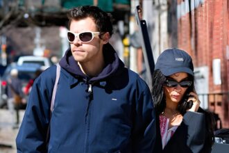 Harry Styles and Zoë Kravitz seen amid engagement rumors, with reports suggesting a fast-moving romance and possible future family plans.
