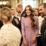 Kate Middleton wearing Queen Elizabeth’s pearl necklace and Bahrain pearl earrings at Buckingham Palace 100th birthday tribute