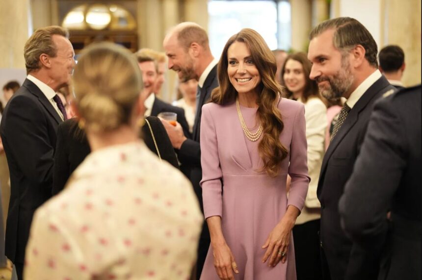 Kate Middleton wearing Queen Elizabeth’s pearl necklace and Bahrain pearl earrings at Buckingham Palace 100th birthday tribute