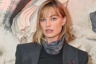 Margot Robbie wearing a charcoal gray Giorgio Armani suit with brooch at Milan Design Week sciura style look