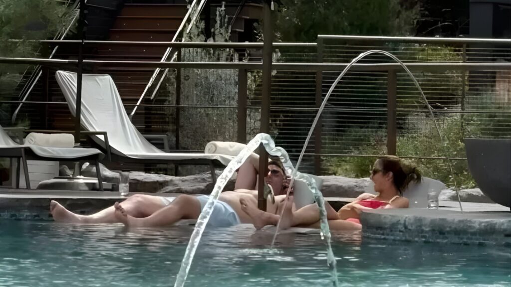 Mike Vrabel and Dianna Russini seen in Sedona, Arizona, spending time together at a hotel rooftop area, away from their separate groups of friends, during an evening outing that sparked online discussion.