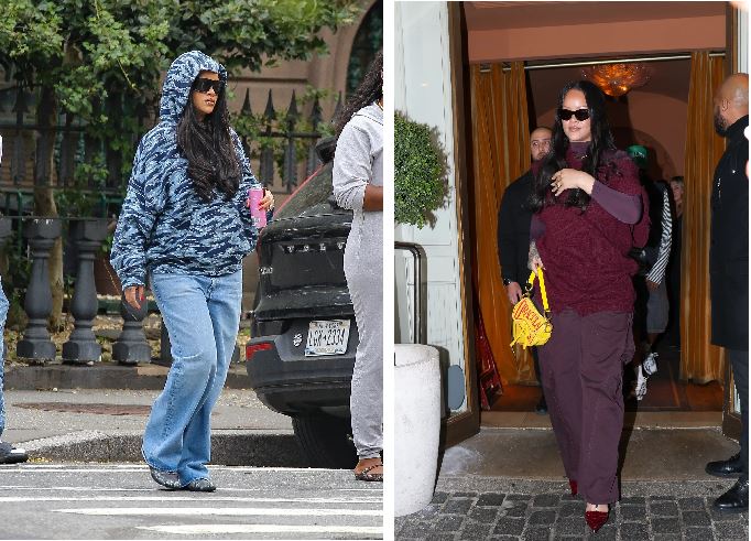 Rihanna leaving César Restaurant in Paris at sunrise wearing a sporty gray checked bomber jacket, Balenciaga leggings, red pumps, and yellow mini handbag