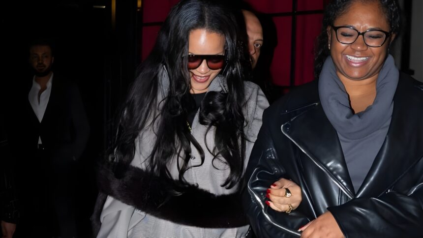 Rihanna leaving César Restaurant in Paris at sunrise wearing a sporty gray checked bomber jacket, Balenciaga leggings, red pumps, and yellow mini handbag