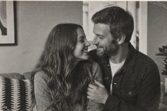A black-and-white vintage-style photo of a smiling couple sitting closely on a couch, looking at each other affectionately, with visible film grain and worn edges resembling a 1976 photograph.