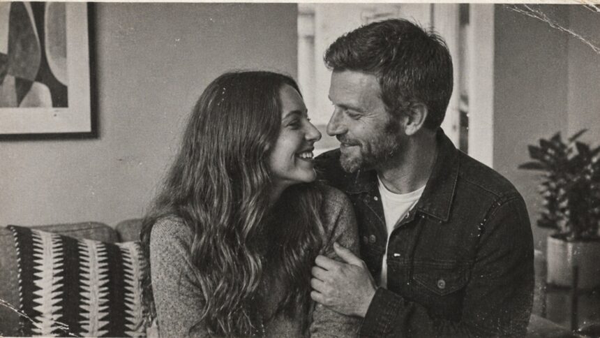 A black-and-white vintage-style photo of a smiling couple sitting closely on a couch, looking at each other affectionately, with visible film grain and worn edges resembling a 1976 photograph.