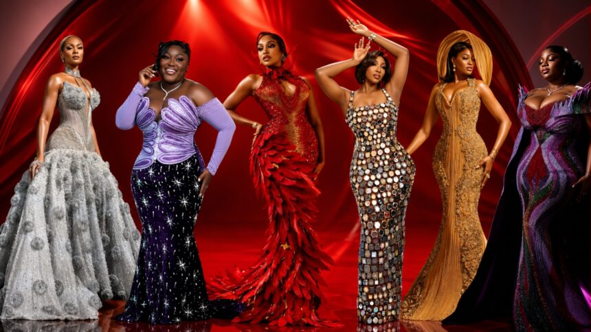 Uche Montana, Idia Aisien, KieKie, and other female celebrities posing in glamorous designer outfits on the AMVCA 2026 red carpet in Lagos.