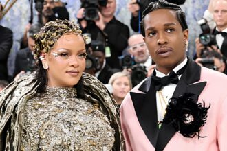 Rihanna giving a serious expression beside A$AP Rocky during a viral backstage moment at the Met Gala 2026