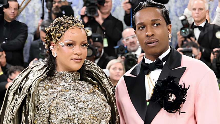 Rihanna giving a serious expression beside A$AP Rocky during a viral backstage moment at the Met Gala 2026