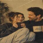 Gen Z woman cuddling with her older millennial boyfriend on a couch in a vintage 1970s-style living room photo.
