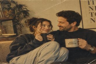 Gen Z woman cuddling with her older millennial boyfriend on a couch in a vintage 1970s-style living room photo.