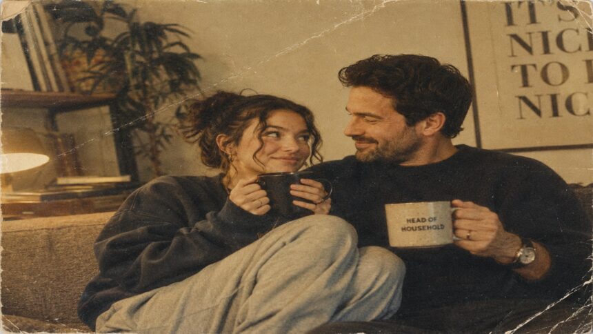 Gen Z woman cuddling with her older millennial boyfriend on a couch in a vintage 1970s-style living room photo.
