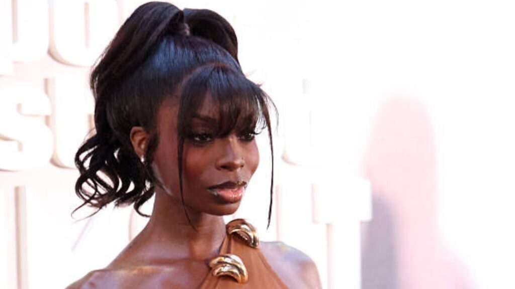 Olandria Carthen wearing a sleek Party Ponytail hairstyle with long bangs and a glamorous sheer dress at the Sports Illustrated Swimsuit launch party in New York City.