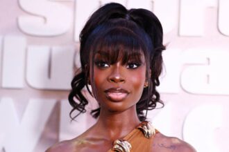 Olandria Carthen wearing a sleek Party Ponytail hairstyle with long bangs and a glamorous sheer dress at the Sports Illustrated Swimsuit launch party in New York City.